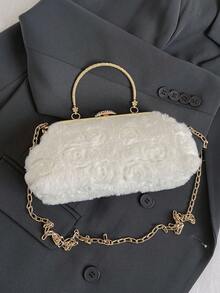 Dedoo 女款晚宴接吻扣手拿包，3D玫瑰花卉圖案，水鑽扣與亮面金屬手柄，浪漫優雅，婚禮派對舞會手拿包 - 白色 - 查看 10