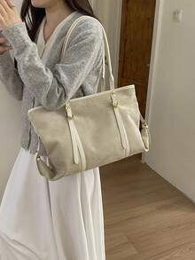 1件女款純色PU單肩托特包，大容量復古扇形手提包，適合辦公、通勤、購物、度假與旅行 - 米色 - 查看 5