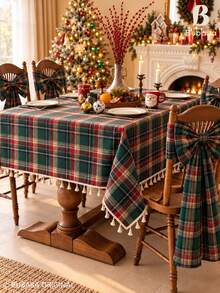 Bubaba Christmas Plaid Tassel Tablecloth, Green And Red Checkered Rectangular Tablecloth, Rustic Farmhouse Style Holiday Table Decor, Suitable For Christmas Party And Winter Home Decoration - Multicolor - View 1