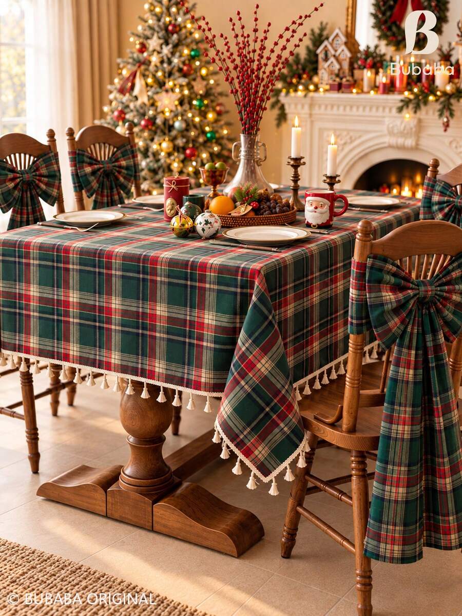 Bubaba Christmas Plaid Tassel Tablecloth, Green And Red Checkered Rectangular Tablecloth, Rustic Farmhouse Style Holiday Table Decor, Suitable For Christmas Party And Winter Home Decoration - Multicolor - View 1