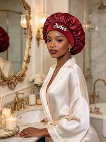 Women 12 Zodiac Signs Satin Hair Bonnet, Horoscope Letter Print Sleep Cap, Wide Elastic Band Silky Night Cap, Soft Satin Headwear For Hair Protection - Burgundy - View 4