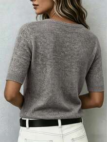 Women's Wool Blend Soft Knit Short Sleeve Top, Loose Fit, 15% Wool Content, Basic Crew Neck Solid Color Half Sleeve Lightweight Knit Sweater, Quiet Luxury Minimalist Commuter Style, Suitable For Office And Business Wear - Grey - View 3