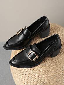 Vintage Pointed Toe Chunky Heel Loafers With Metal Buckle Decor, High Heel Women's Shoes For Office Commute And Formal Wear - Black - View 5