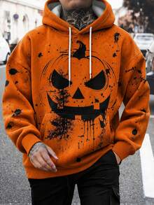 Zrgoth Men's Halloween Pumpkin Pattern Print Drawstring Hoodie, Splatter Design Loose Streetwear Style Pullover Sweatshirt, High Street Casual Top - Orange - View 3