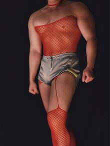 Men's Exotic Sheer Lace Jumpsuit With Hollow Rhinestone Details, Sexy Lingerie For Stage Performance/Nightclub - Red - View 4
