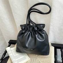 Men's Black Wrinkled PU Tote Bag, Large Capacity, Minimalist Commuter Shoulder Bag, Soft Texture, Drawstring Design, Versatile Handbag For Daily Travel - Multicolor - View 6