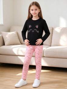 2pcs Tween Girl Casual Cute Cat Cartoon Print Crew Neck Long Sleeve Top And Random Print Pants Set - Black - View 3