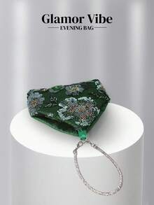 亮片晚宴手拿包，亮片刺繡工藝，3D花卉（隨機圖案），婚禮必備配件，情人節禮物，適用於婚禮、度假、畢業季、晚宴及其他正式場合，亦可作為日常穿搭的百搭配件 - 綠色 - 查看 8