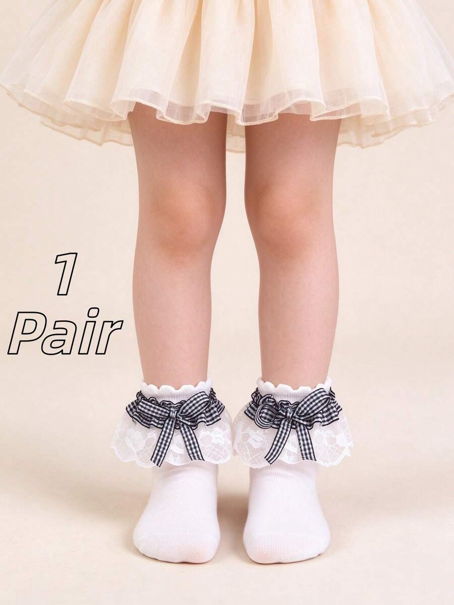 1 Pair Kids Lace Plaid Bow Dance Ruffle Princess Fashion Versatile Party Socks