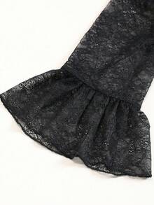 Aliao Elegant Lace Patchwork V-Neck Long Sleeve Midi Dress, Suitable For Date, Party, Vacation, Autumn/Winter - Black - View 9