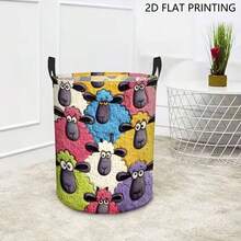 1pc Colorful Cartoon Sheep Print Round Laundry Hamper, Foldable Fabric Storage Bucket With Dual Handles, Dirty Clothes & Toy Organizer For Bedroom Nursery - Multicolor - View 4