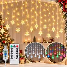1 Pc 96 LED Drops Star Icicle Lights Curtain String Lights USB Powered Christmas Hanging Decorative Lamp Suitable For Home Bedroom Windows Wall Bar Living Room Party Wedding Christmas Xmas Tree Decor - 96L Five-pointed Star Icicle Light - View 1