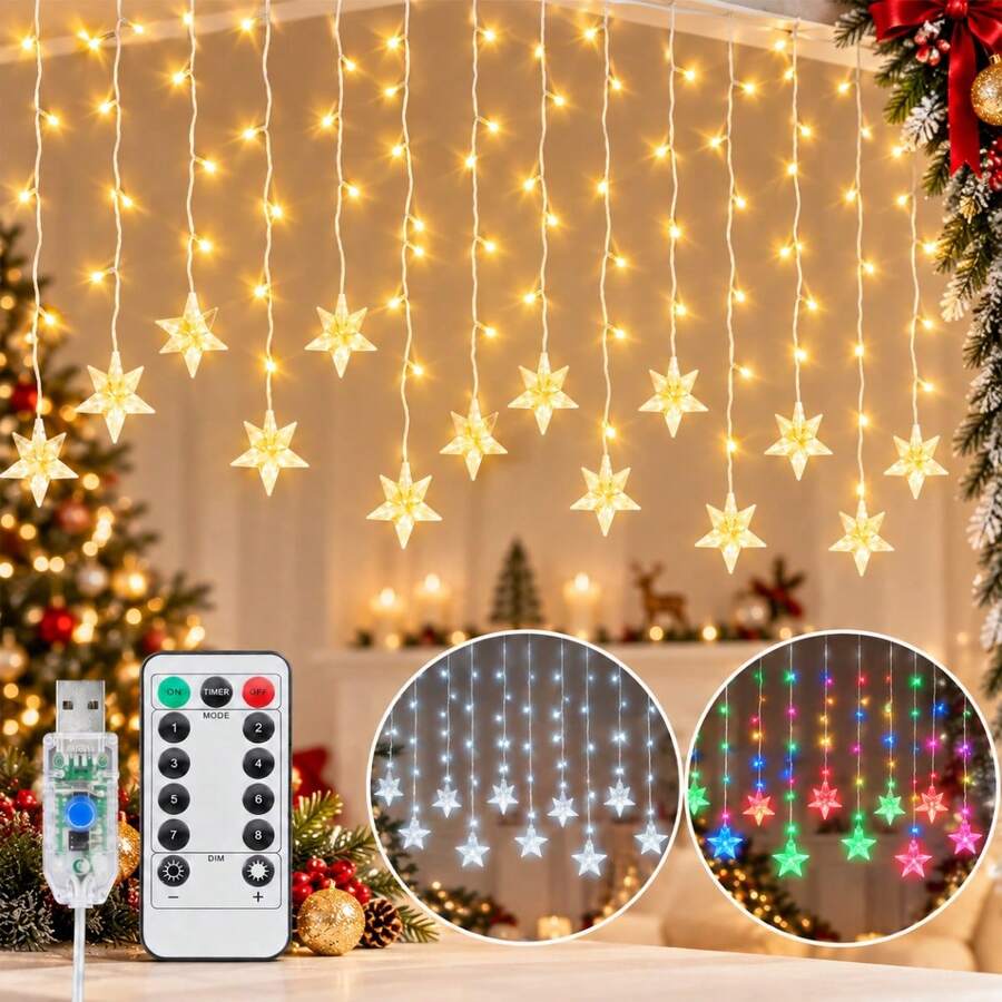 1 Pc 96 LED Drops Star Icicle Lights Curtain String Lights USB Powered Christmas Hanging Decorative Lamp Suitable For Home Bedroom Windows Wall Bar Living Room Party Wedding Christmas Xmas Tree Decor - 96L Five-pointed Star Icicle Light - View 1