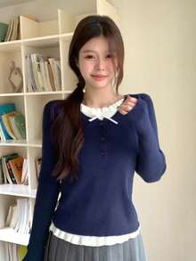 Spring New Ballet Style Sweet Knitted Long Sleeve T-Shirt Slimming Inner Layer Top - Navy Blue - View 3