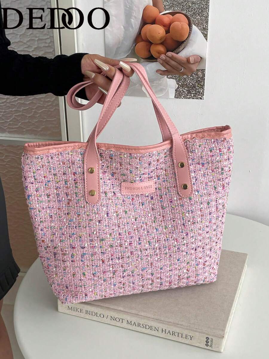 Dedoo 女款單肩托特包，彩色圓點粗花呢質感，耐用複合面料，雙肩帶鉚釘設計，大容量，校園包，適合大學校園、優雅通勤與購物女包