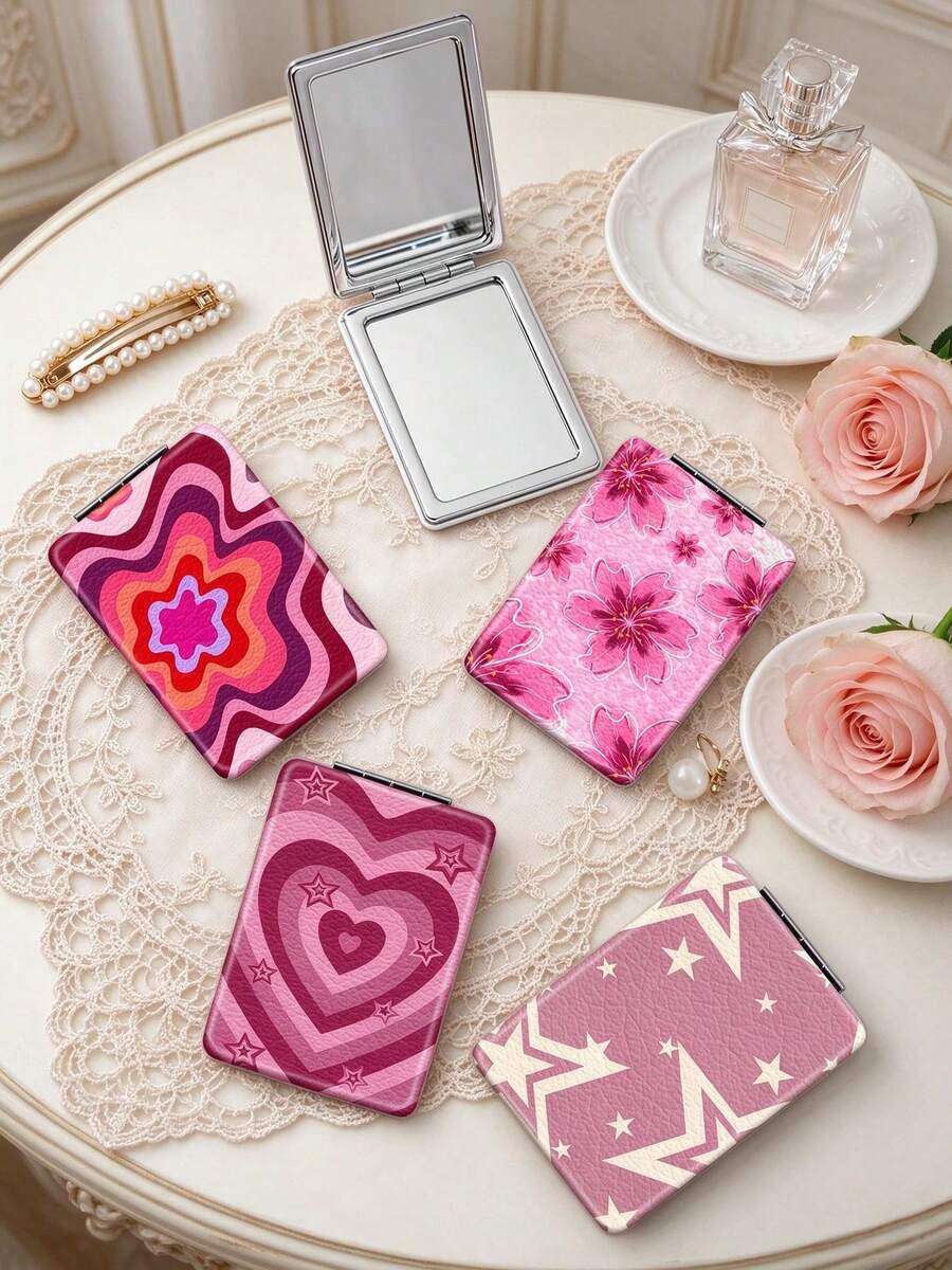 1PC Y2K Series Portable Vanity Mirror, Foldable Lightweight Ultra-Thin Convenient Hand Mirror, PU Leather, Suitable For Multiple Scenarios And All People, Rectangular Pocket Mirror With Cartoon Flower, Star, Heart Pattern Design, Exquisite And Delicate, Easy To Carry, Handheld Makeup Mirror, 180° Flip Cover Multi-Function Mini Mirror - Multicolor - View 1