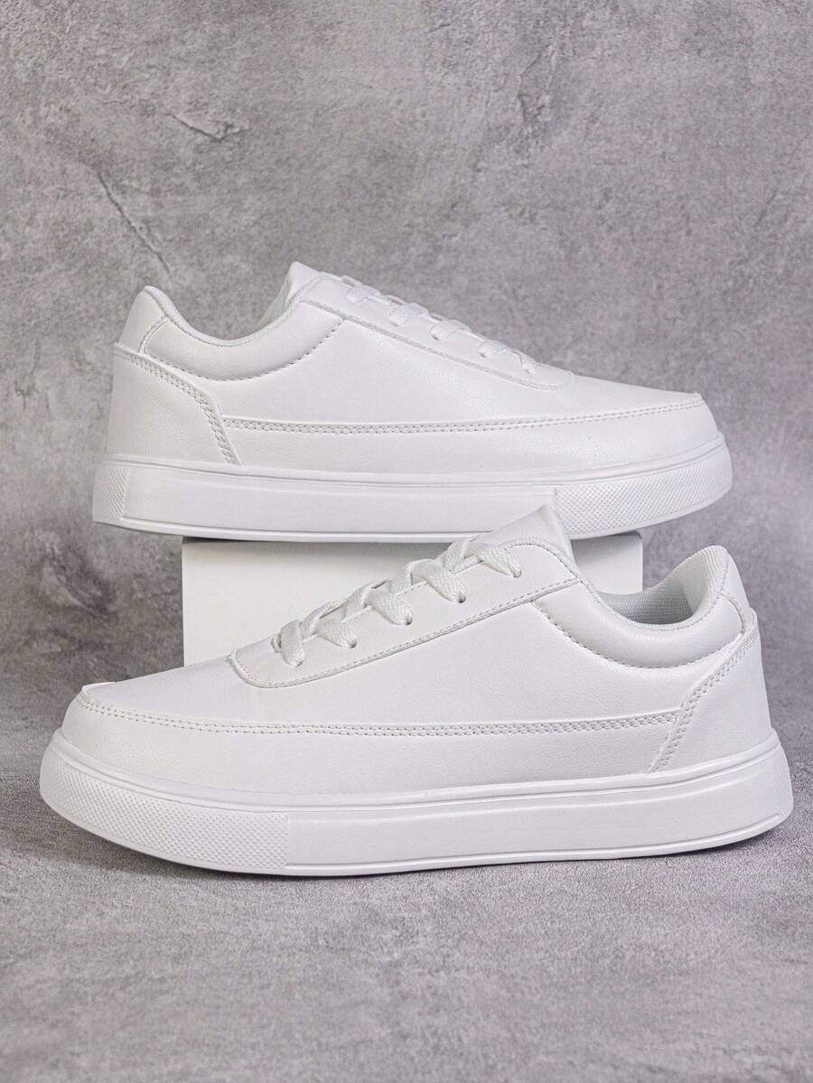 Men's Minimalist Solid Color PU Patchwork Lace-Up Low-Top Flat Sneakers, Personalized Casual Campus Everyday Comfortable White Shoes For Teenagers