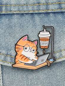 Funny Coffee IV Drip Cat Enamel Pin, Cartoon Workaholic Orange Cat ...