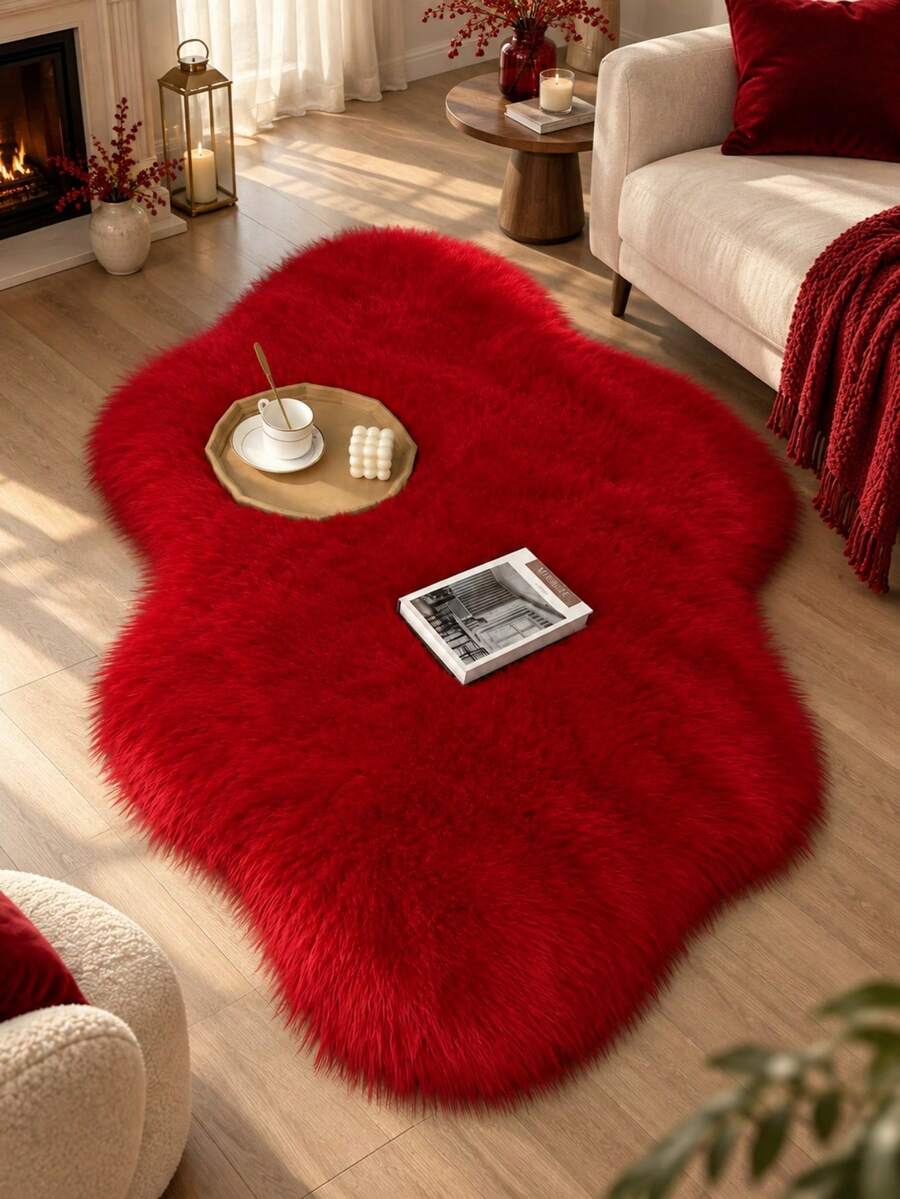 1pc Red Irregular Long Plush Rug, Soft Fluffy Cloud Shaped Bedroom Bedside Carpet, Living Room Sofa Coffee Table Decorative Mat, Cozy Modern Home Decor Rug, Cutting Error 1-5cm, Bedroom Bed End Rug, Nordic Ins Style Decoration, Small Rug, Carpet, Home Decor, Living Room Rug, Bedroom Rug, Living Room Home Decor, Washable Rug, Fur Rug, Autumn/Winter Rug - Red - View 1