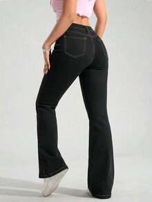 Plus Size Flare Jeans With Pockets And Zipper Closure, Extended Length, Mid-Stretch Fabric, Suitable For Daily Fashion Wear - Black - View 3