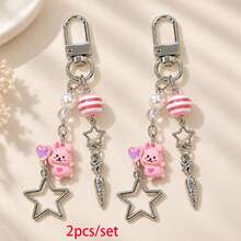 1pc/2pcs Women's Alloy Heart Rabbit Spacer Bead Pendant Keychain With Hollow Carrot And Five-Point Star Charm, Creative Bag Pendant - Multicolor - View 2