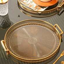 1pc Diamond Textured Double/Single Layer Tray With Handle, Modern Dual-Handle Tray, For Home - Gold - View 5