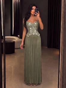 Elegant Romantic Women's Sleeveless Sequin Tassel Dress, Long Strapless Dress, Contrast Sequin Design, Tie Back, Suitable For Special Occasions - Olive Green - View 6