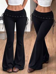 AiTyi Women's Grey Flare Pants, Double Waist Drawstring & Metal Eyelet Detail, Long Soft Fabric, Suitable For Music Festival Bohemian Style - Black - View 4