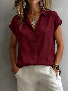 Women's Fashionable Short Sleeve Collared Shirt, Versatile Loose Casual Commute Vest Top, Solid Color Button Front, Daily Wear Summer - Burgundy - View 1