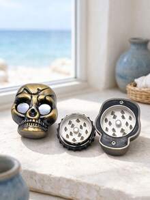 1pc 3D Cracked Skull Design Double Layer Grinder, Antique Brass Distressed Finish, Non-Slip Zinc Alloy, Niche Personalized Smoking Pipe Grinding Accessory - View 1