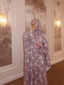 Women's Floral Print Abaya Set With Matching Hijab, Elegant Batwing Sleeve Long Dress, Modest Muslim Dubai Islamic Robe, Suitable For Daily Wear And Party - Multicolor - View 14
