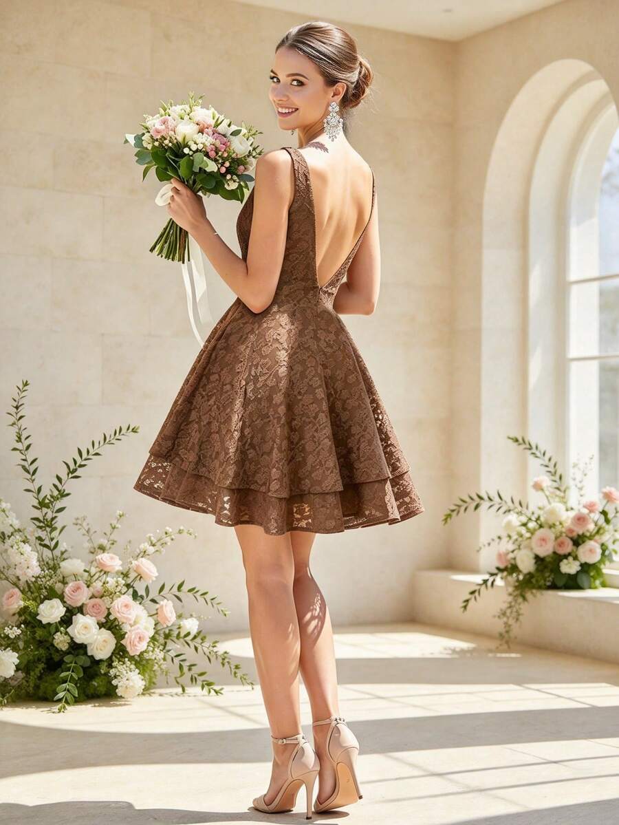 HOMEYEE Women's Elegant Deep V-Neck Sleeveless Mini Jacquard Cocktail Dress, Short Party Dress For Birthday Gathering Wedding - Mocha Brown - View 1