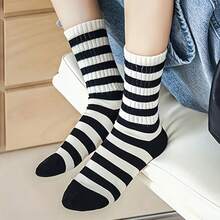 1/5/10/15Pairs Assorted Crew Socks, Black & White Tone With Star Print And Striped Designs, 5 Unique Styles, Ribbed Knit, Soft Breathable, Minimalist Preppy Style For Daily Wear And School Outfits Wholesale Random - Multicolor - View 4