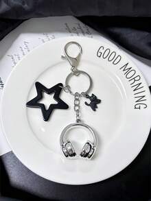 High-Quality 3D Silver Sports Earphone Keychain, Black Large Five-Pointed Star Bag Accessory, Suitable For Girls - Black - View 7