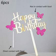 1pc/3pcs/6pcs Gold Happy Birthday Butterfly Acrylic Cake Topper, Suitable For Birthday Party Cake Decoration - Multicolor - View 13