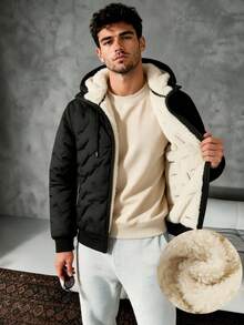 Men's Hooded Quilted Padded Jacket, Thick Fleece Lining, Warm Zipper Casual Jacket, Autumn/Winter - Black - View 1