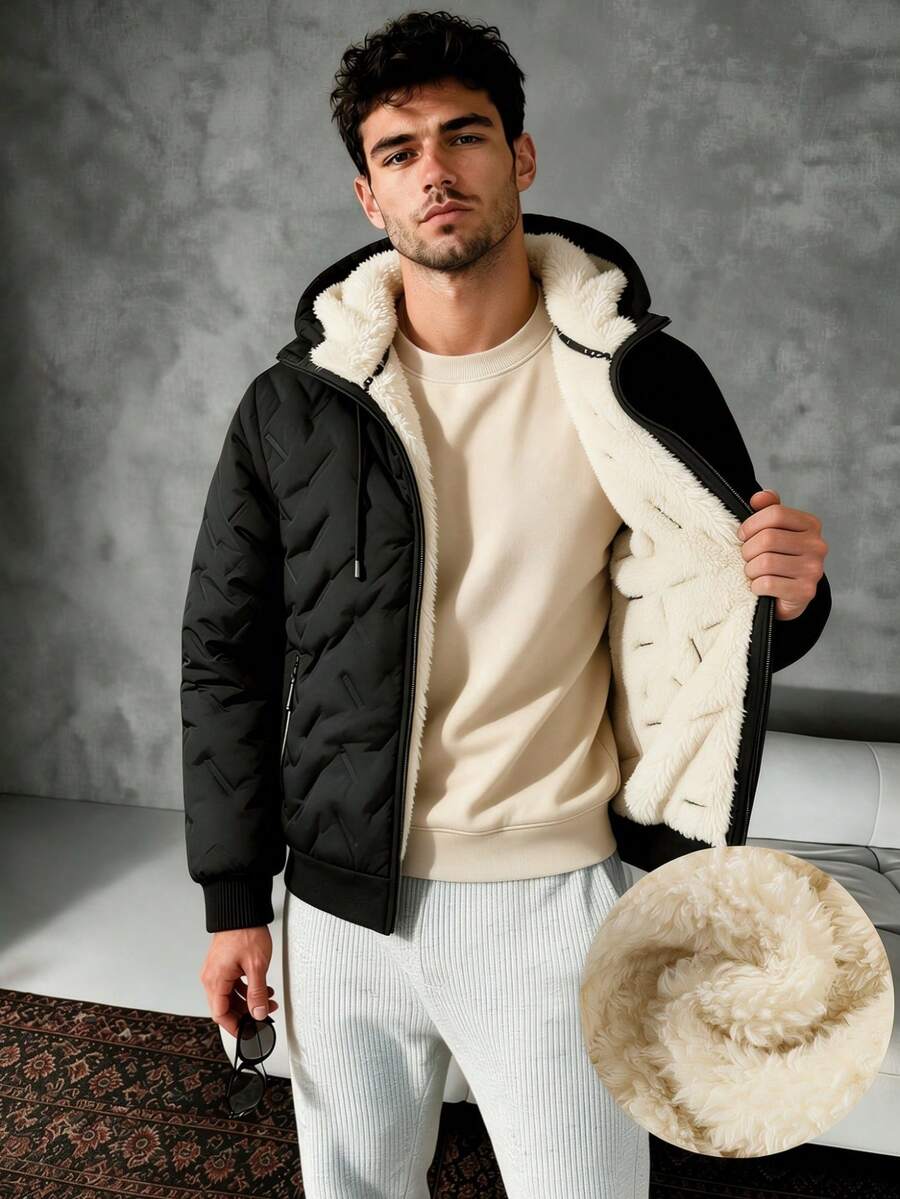Men's Hooded Quilted Padded Jacket, Thick Fleece Lining, Warm Zipper Casual Jacket, Autumn/Winter - Black - View 1
