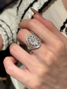 1pc Vintage Cubic Zirconia Hollow Flower Open Copper Alloy Ring, Suitable For Women's Party And Gathering - Silver - View 5