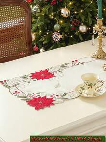 ABEST6522 Home&Living store 1 buah Taplak Meja Bordir Poinsettia Natal, Campuran Poliester dan Linen, Bendera Meja Meriah, Dekorasi Meja Makan Liburan Natal untuk Pesta Pernikahan dan Dekorasi Rumah - MultiWarna - View 12