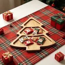 1pc Christmas Tree Shaped Divided Tray, Holiday Snack & Candy Platter, Nordic Style Wooden Dried Fruit Storage Dish, Home Gathering Tabletop Organizer, Christmas Table Decor - Multicolor - View 1