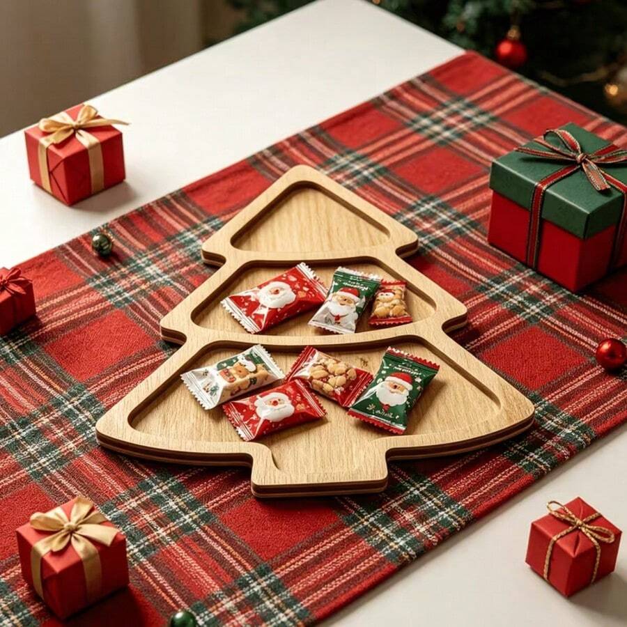 1pc Christmas Tree Shaped Divided Tray, Holiday Snack & Candy Platter, Nordic Style Wooden Dried Fruit Storage Dish, Home Gathering Tabletop Organizer, Christmas Table Decor - Multicolor - View 1