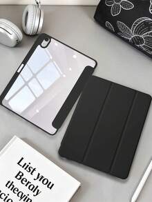 1件裝 壓克力三折式柔軟觸感布面黑色平板保護殼，相容 iPad Mini6/7/Air/Air2/9.7/10.2/10.5/10.9(Air4-Air8)/Pro 11/10th Gen/A16/Pro11 2024/12.9/Pro13 2024 機型，純色平板殼，壓克力背殼，三折支架，自動休眠/喚醒，內建筆槽，不含筆，部分機型附相機框 - 黑色 - 查看 1