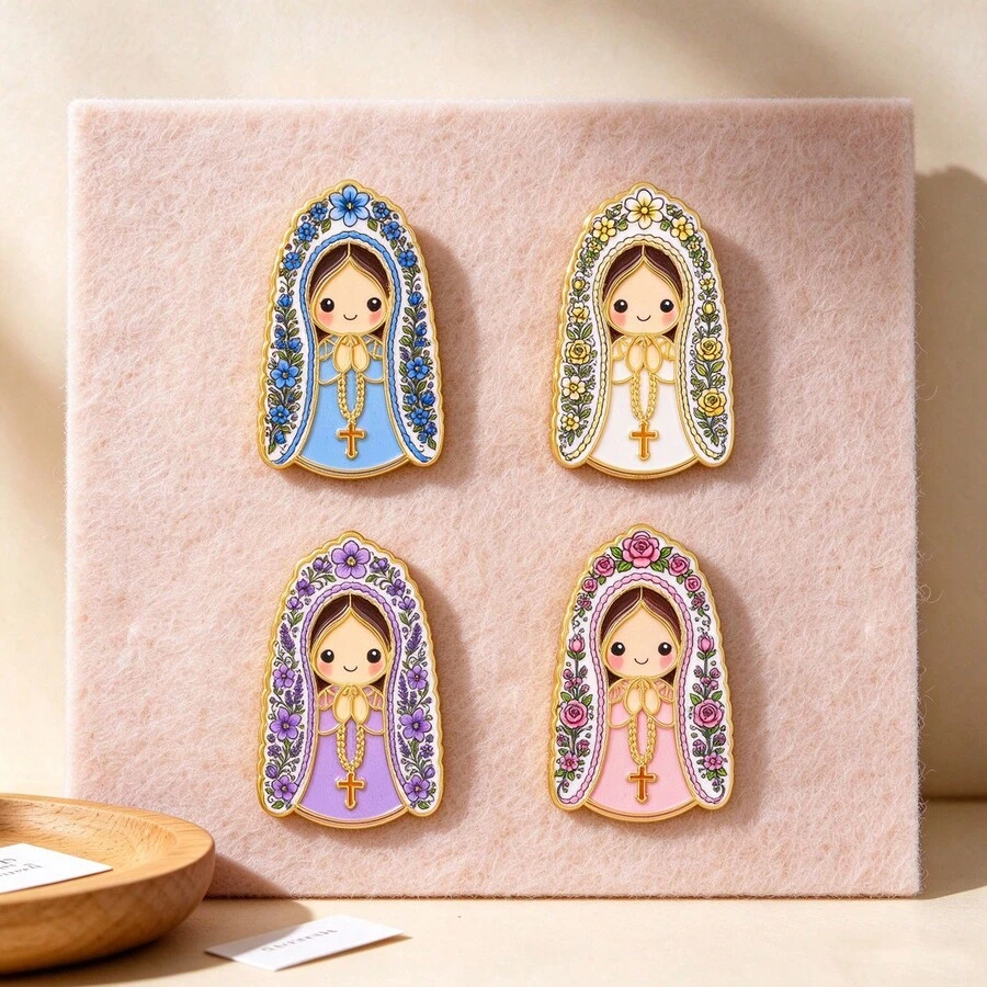 Virgin Mary Enamel Pin Set, 4 Colors Floral Cartoon Brooch, Christian Faith Badge For Clothing Backpack Hat, Christian Religious Gift For Believers