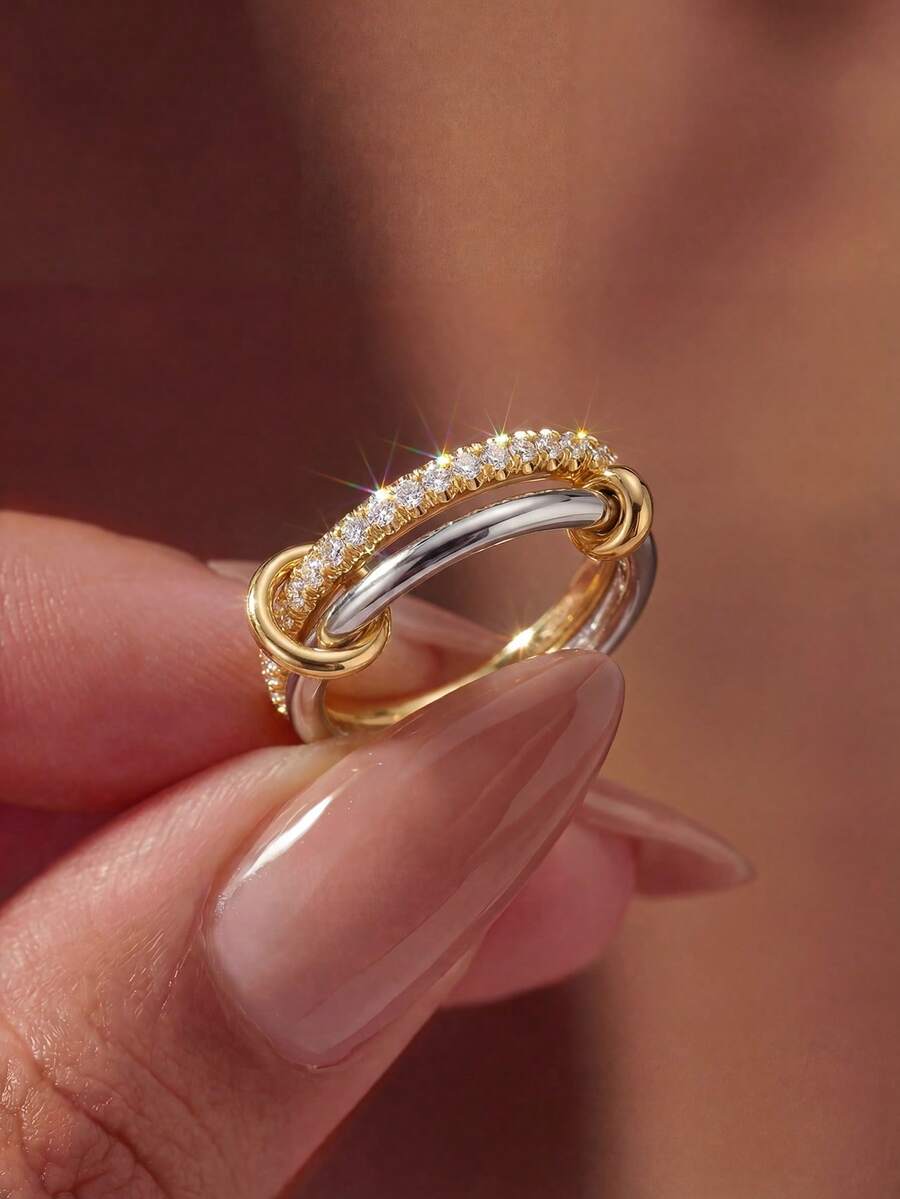 1pc Ring, Inlaid With Sparkling Zirconia, Unisex, Suitable For Daily Wear Or Party Accessory. High-Quality Ring, Exquisite Jewelry, Ideal Gift. - Fashion Double Circle - View 1