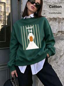 Women Cotton Crew Neck Loose Sweatshirt For Autumn Pink Striped White Duck Print WHAT THE Casual Street Sport Style - Green - View 1