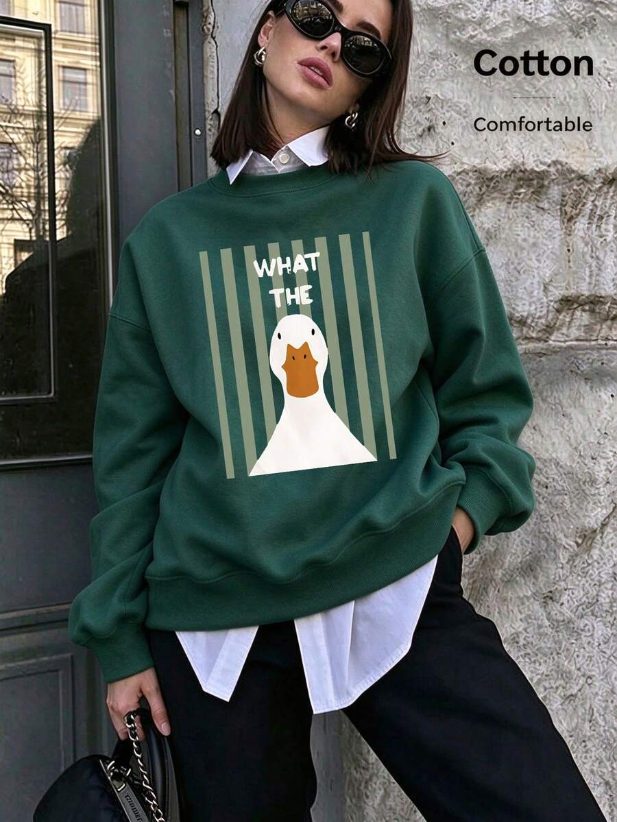 Women Cotton Crew Neck Loose Sweatshirt For Autumn Pink Striped White Duck Print WHAT THE Casual Street Sport Style - Green - View 1