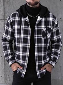 Men's Autumn Long Sleeve Loose Plaid Print Hooded Drawstring Shacket, Perfect Gift For Son, Boyfriend, Father - Black - View 4