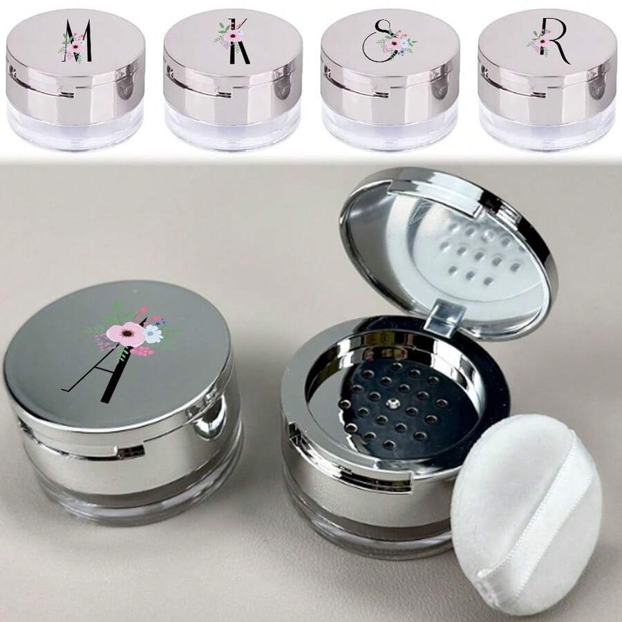 Makeup Organizer Portable Empty Loose Powder Container Refillable Cosmetic Sifter Box With Built In Mirror Travel Compact Makeup Case Ideal Gift For Girls Initial Name Flower And Black 26 Letters Pattern - Silver - View 1