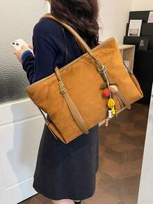 Dedoo 女款麂皮托特包，可拆卸可調節肩帶，大容量拉鍊開口，極簡復古風，適合辦公通勤與秋季旅行 - 棕色 - 查看 6
