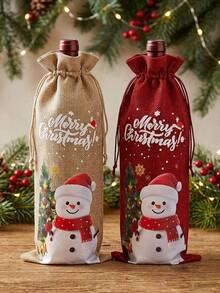 2/1pc Christmas Wine Bottle Bag With Snowman Print, Faux Linen Drawstring Wine Gift Bags For Holiday Dinner Table Decor And Festive Party Gift Wrapping - Multicolor - View 7